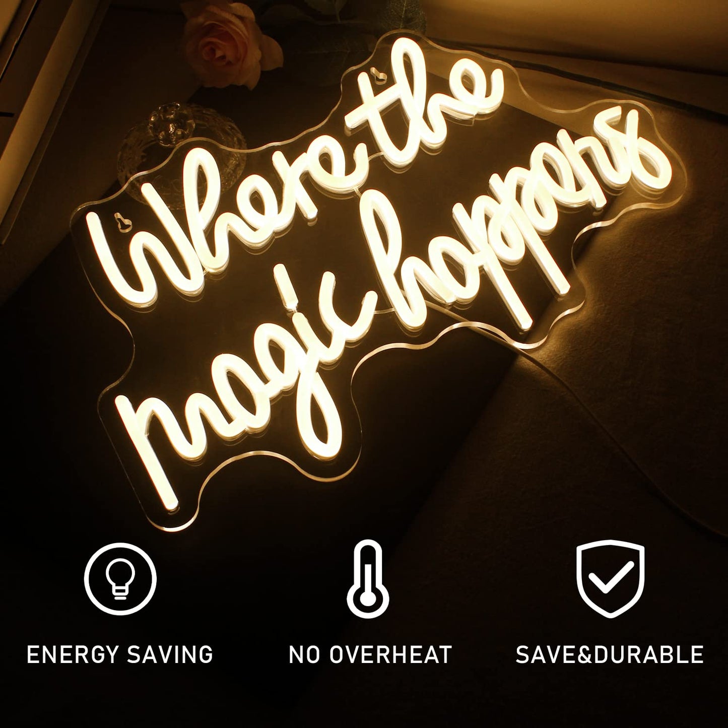 FAXFSIGN Where The Magic Happens Neon Sign Led Warm White Word Light Up Signs for Wall Decor Usb Powered Letter Neon Light Signs Indoor Light for Bedroom Salon Decor Wedding Birthday Party Bar