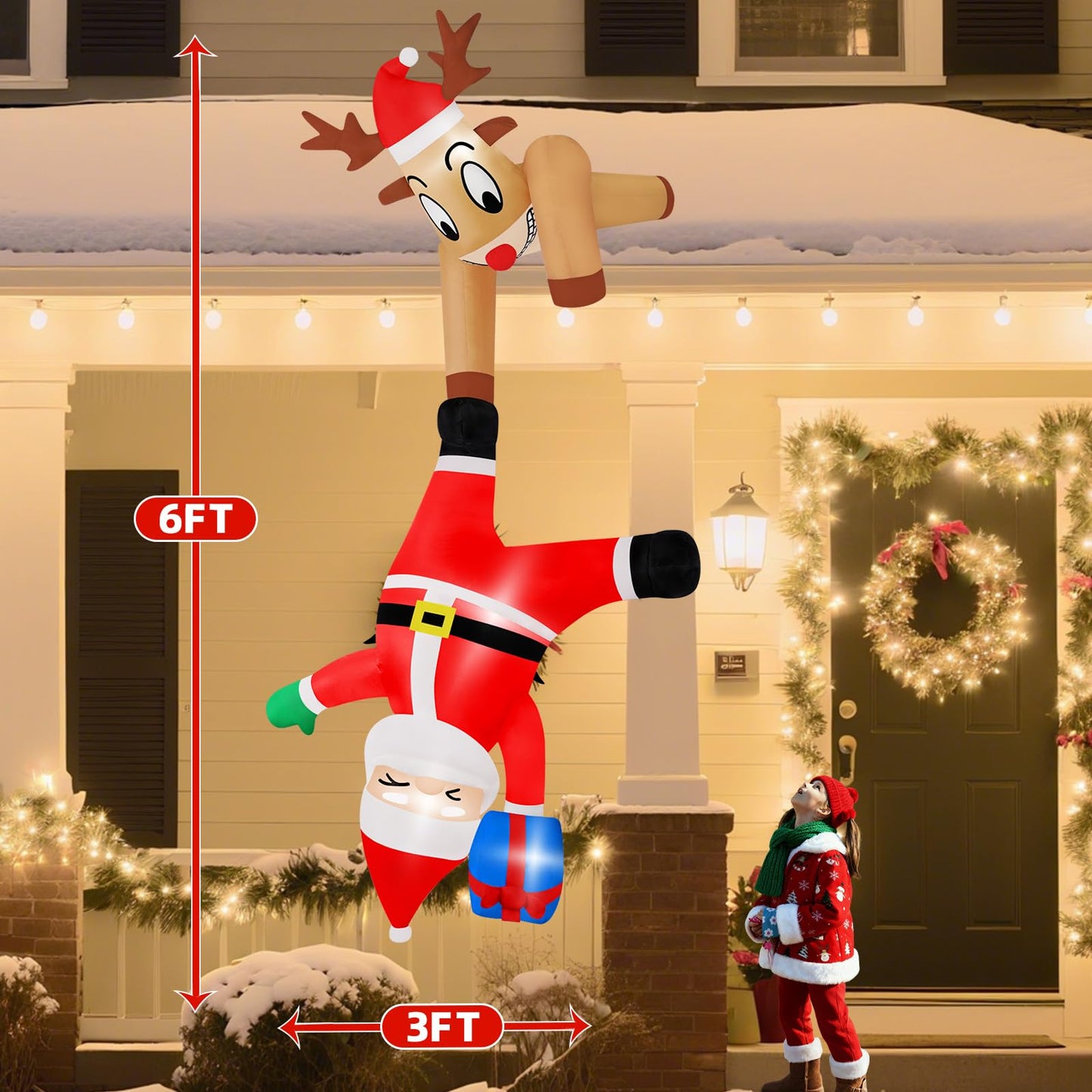 B&D 6FT Christmas Inflatable Reindeer Pulling Falling Santa Outdoor Decorations, Funny Hanging Inflatable Christmas Decorations Built-in LEDs Blow Up Yard Inflatable for Xmas Party Indoor Garden Roof