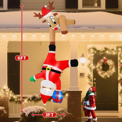 B&D 6FT Christmas Inflatable Reindeer Pulling Falling Santa Outdoor Decorations, Funny Hanging Inflatable Christmas Decorations Built-in LEDs Blow Up Yard Inflatable for Xmas Party Indoor Garden Roof