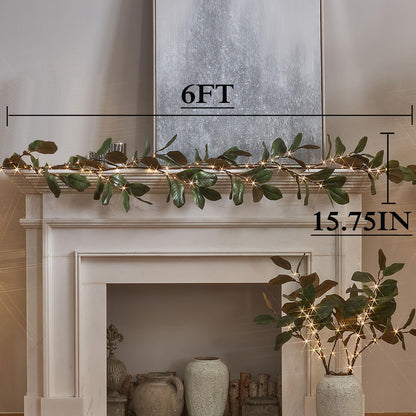 LITBLOOM Faux Magnolia Garland with Lights 6FT Battery Operated with Timer or USB Plug in, Lighted Greenery Garland with 80 Fairy Lights for Home Fireplace Mantle Holiday Decoration Inside