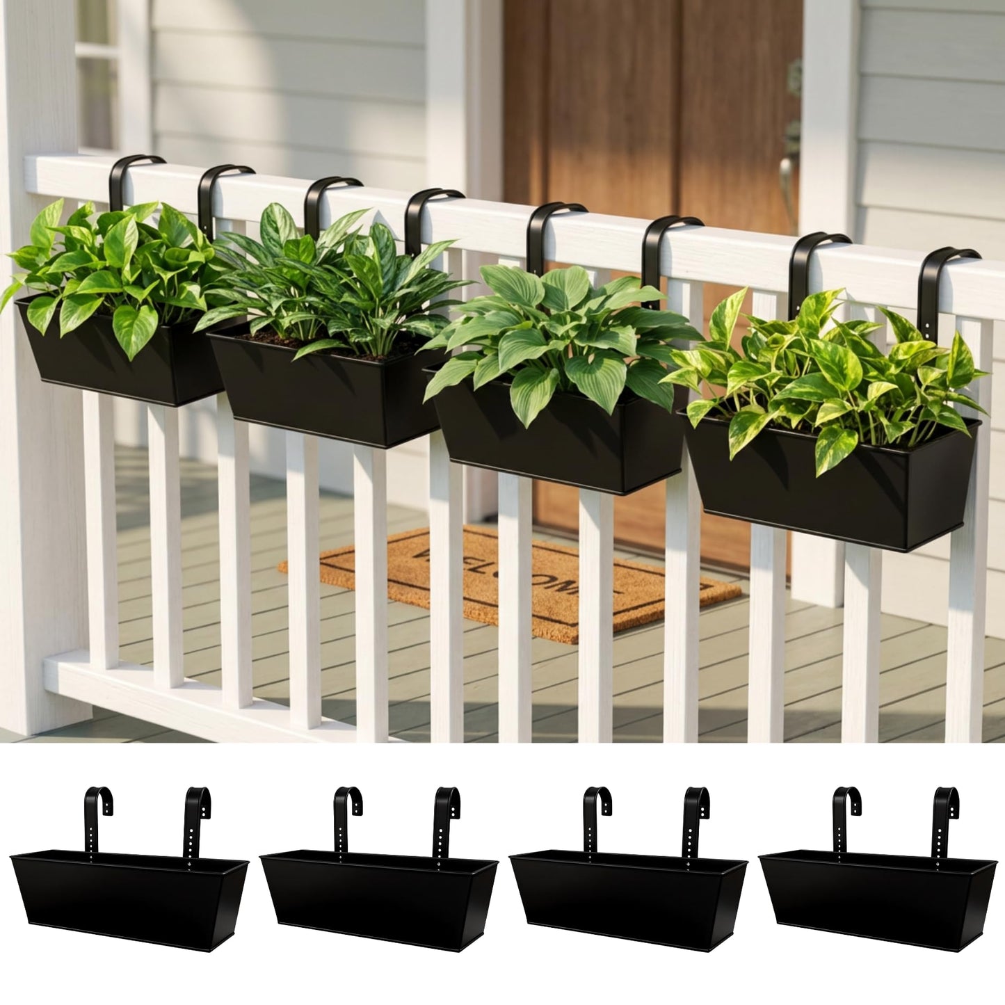 LaLaGreen Rail Planter (16 Inch, 4 Pack) Rectangular Metal Hanging Flower Railing Fence Balcony Gardening for Apartment Patio Planters Outdoor Deck Decoration Garden Style Iron Porch Decor Pots