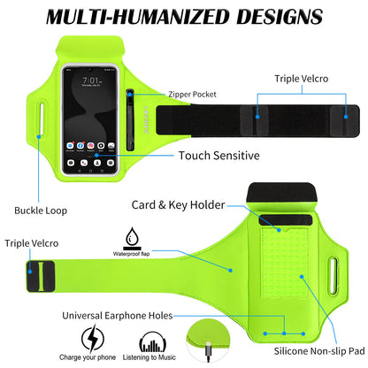Running Armband with Earphone Bag Cell Phone Armband for iPhone 17 16 15 Pro 14 Plus 13 11 XR, Galaxy S24/S10 Water Resistant Sports Phone Holder Case & Zipper Slot Car Key Holder for 6.7 inch Phone