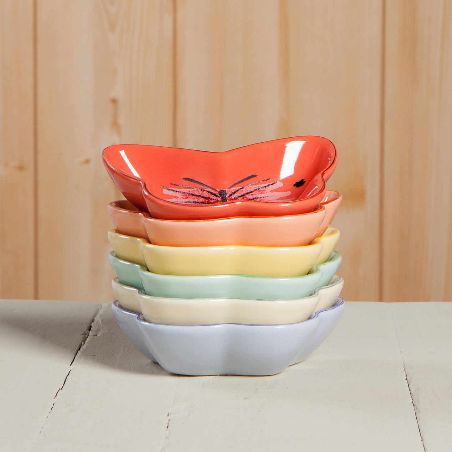 Now Designs Meadow Butterfly Shaped Ceramic Pinch Bowl Set, Soy Sauce Dish, Set of 6