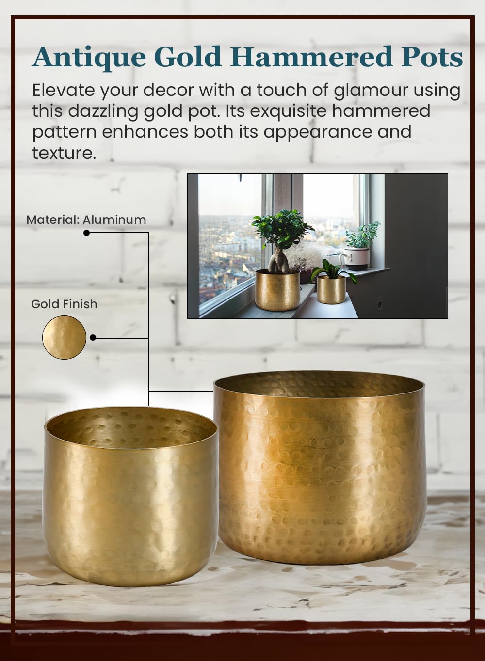 Serene Spaces Living Antique Brass Look Gold Hammered Pots: Stylish Indoor Planter, Idea, Decorative Accent for Potted Plants, 7" Diameter & 5.25" Tall