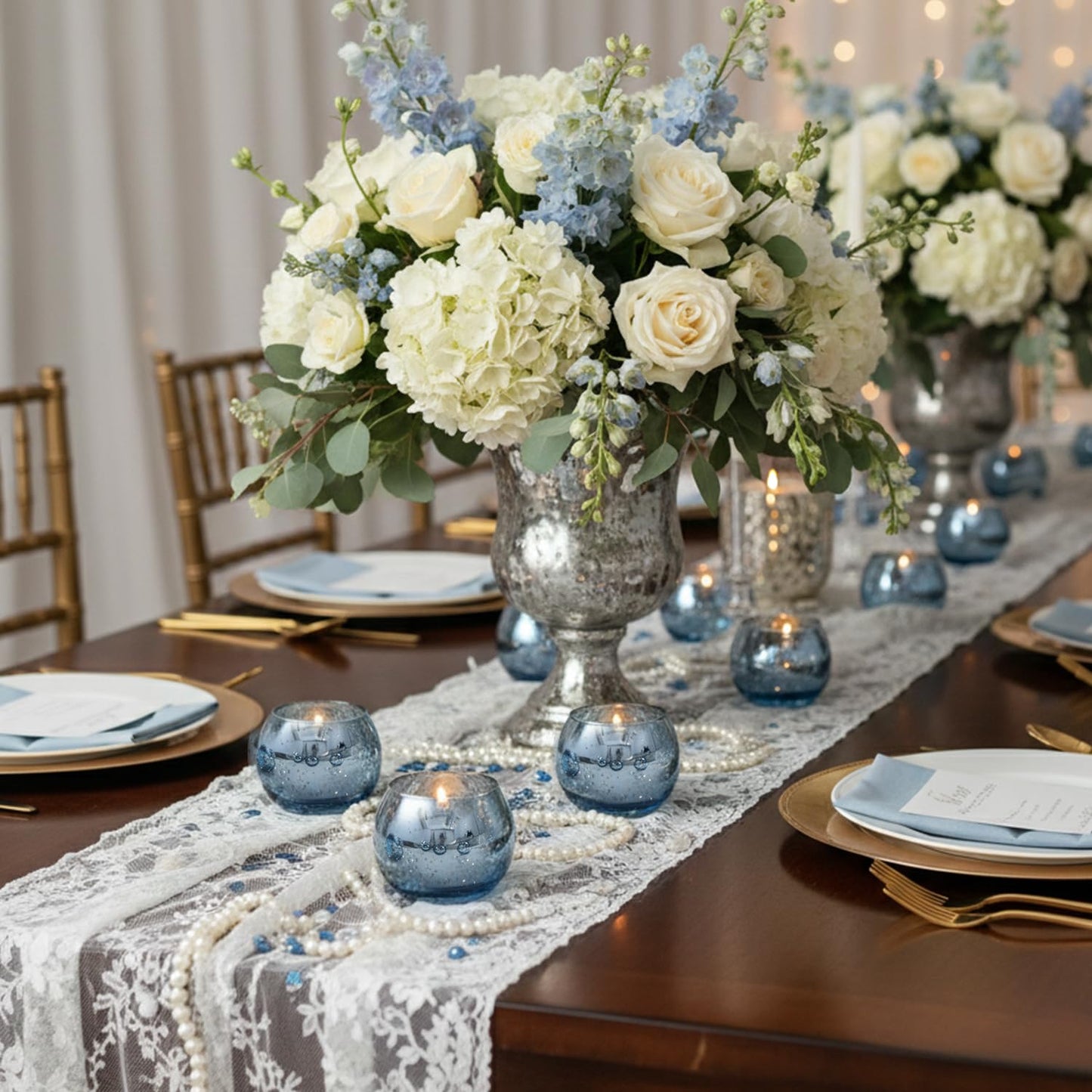 LAMORGIFT 24 Pcs Blue Votive Candle Holders- Blue Centerpieces for Tables, Round Mercury Glass Candle Holder for Wedding Decor, Bridal Shower Decorations