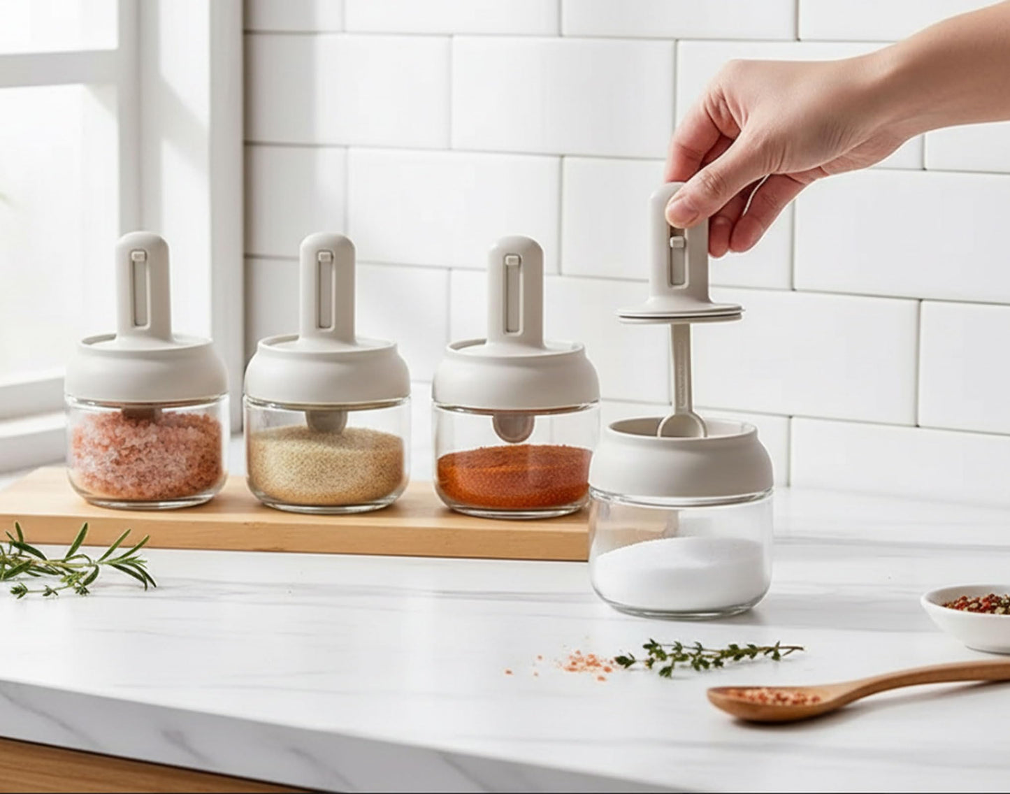 Povinmos® 3 Piece Glass Salt Container | Storage | Pepper,Table Salt, Sugar,Gourmet Salts,Spice |Chili Herbs |10 oz |Glass Salt Container with Lid and Retractable Spoon