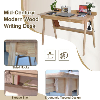 BuyUp Mid-Century 39" Desk Solid Wood Writing Desk with 2 Drawers and Lower Shelf, Home Office Table for Study or Work or Dining with 2 Hanging Rod, Natural