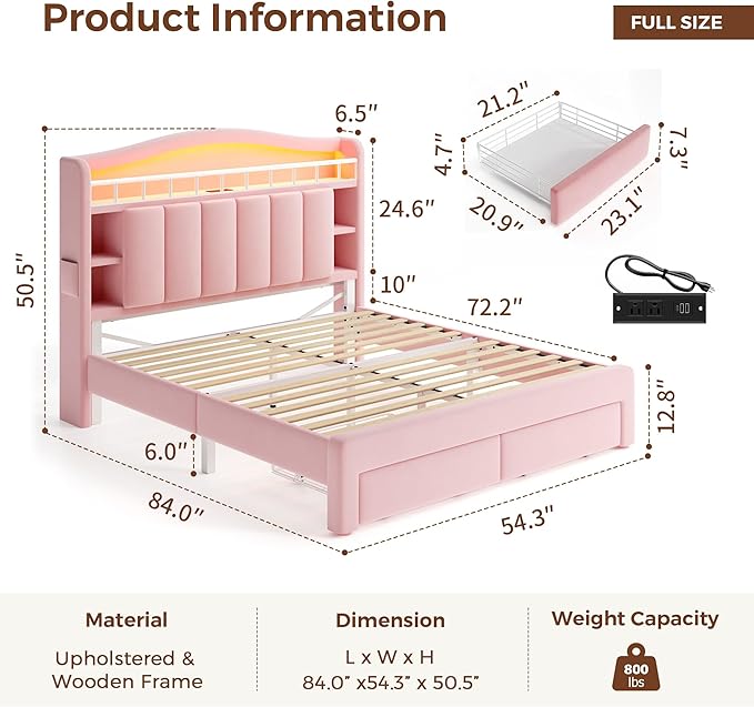 Full LED Bed Frame with Storage Headboard & 2 Storage Drawers, Princess Velvet