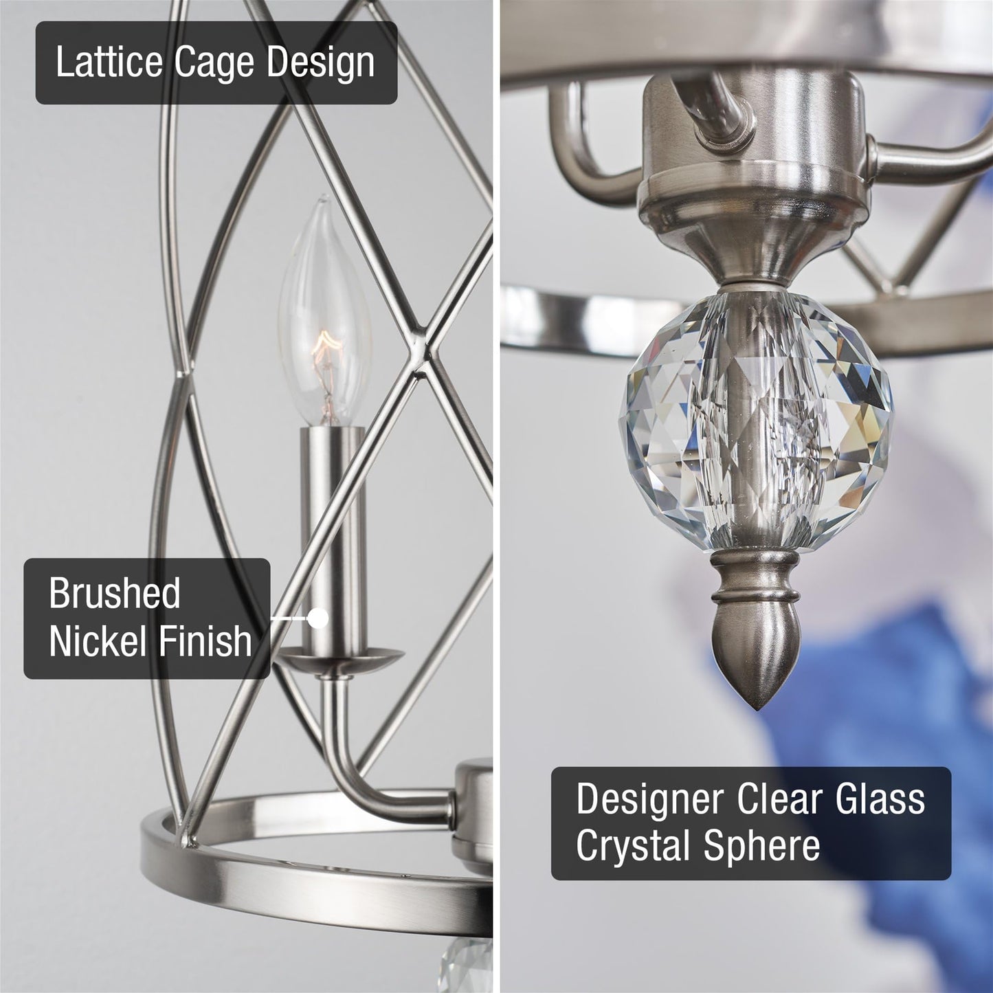 Kira Home Eleanor 27" Modern 3-Light Geometric Lantern Chandelier, Cylinder Trellis Cage Pendant Light with Crystal Finial, Brushed Nickel Finish