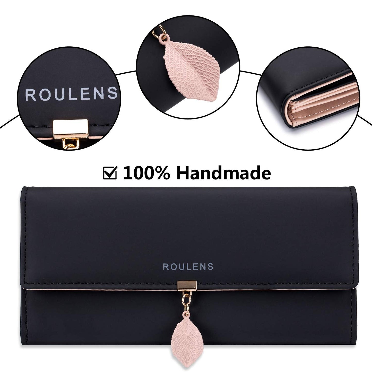 Roulens Ladies Purse, RFID Blocking PU Leather Wallet for Women Leaf Pendant Zipper Coin Purse with Multiple Card Slots and Roomy Compartment