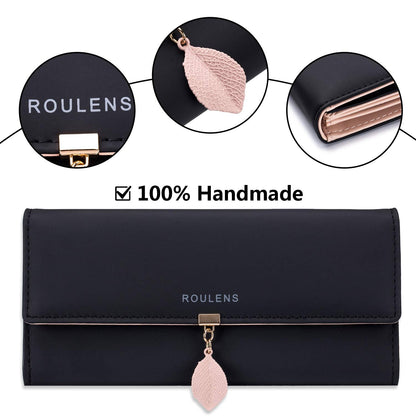 Roulens Ladies Purse, RFID Blocking PU Leather Wallet for Women Leaf Pendant Zipper Coin Purse with Multiple Card Slots and Roomy Compartment