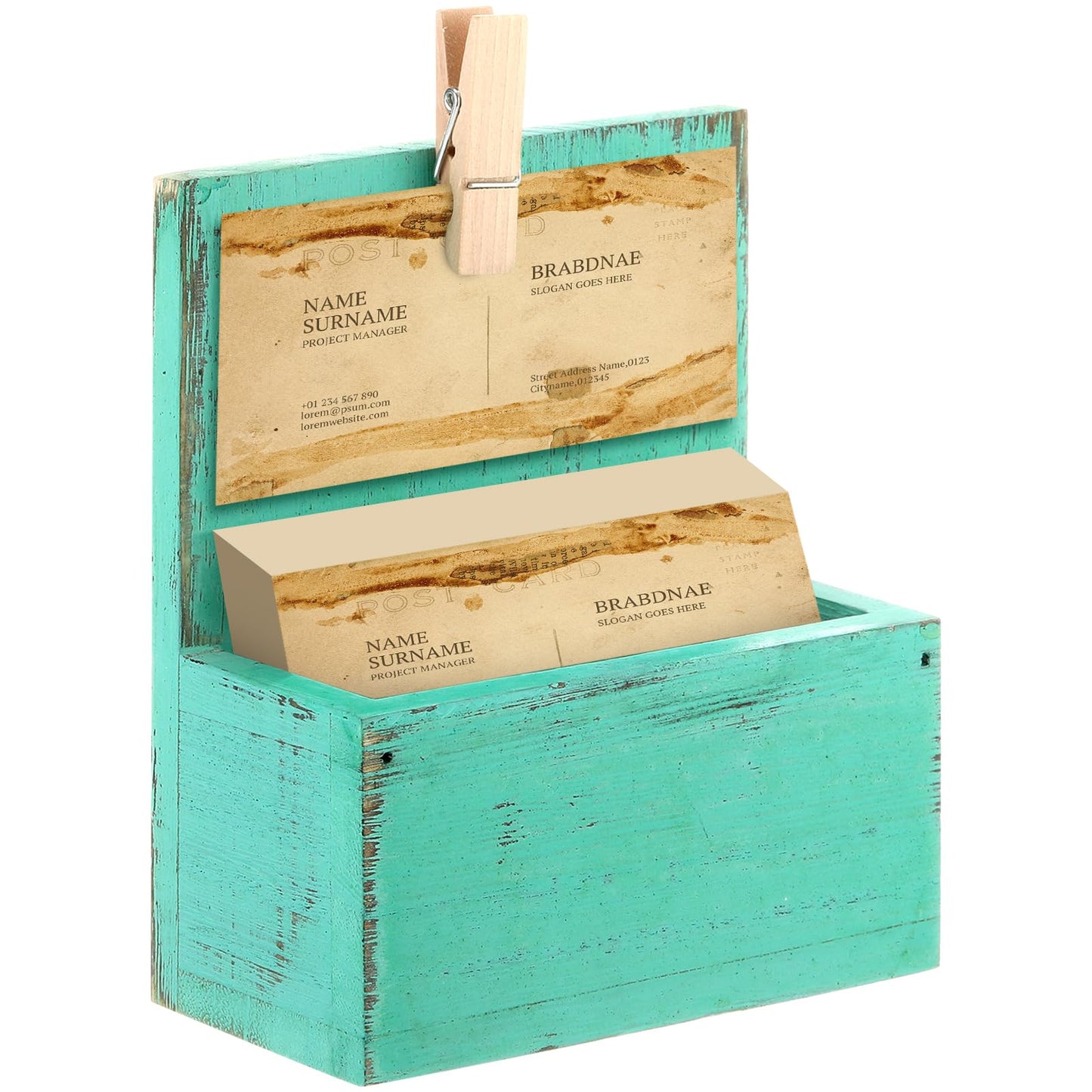 Wonderjune Wood Business Card Holder Vintage Wooden Open Card Stand Farmhouse Desktop Business Organizer Display Stand with Clip for Office Home Counters Tabletop Desk(Green)