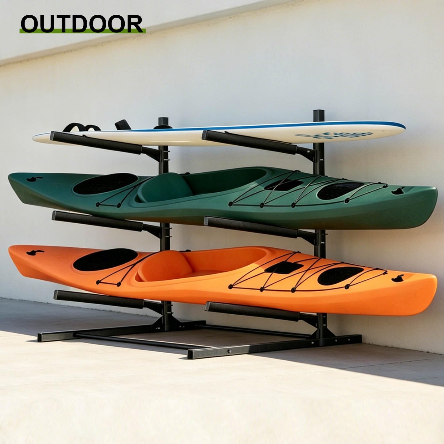 FitiRoker 3-Tier Freestanding Kayak Storage Rack, Steel Storage Stand with Adjustable Padded Arms for Kayaks, Canoes, Surfboards and Paddleboards, Indoor Outdoor Garage Organizer