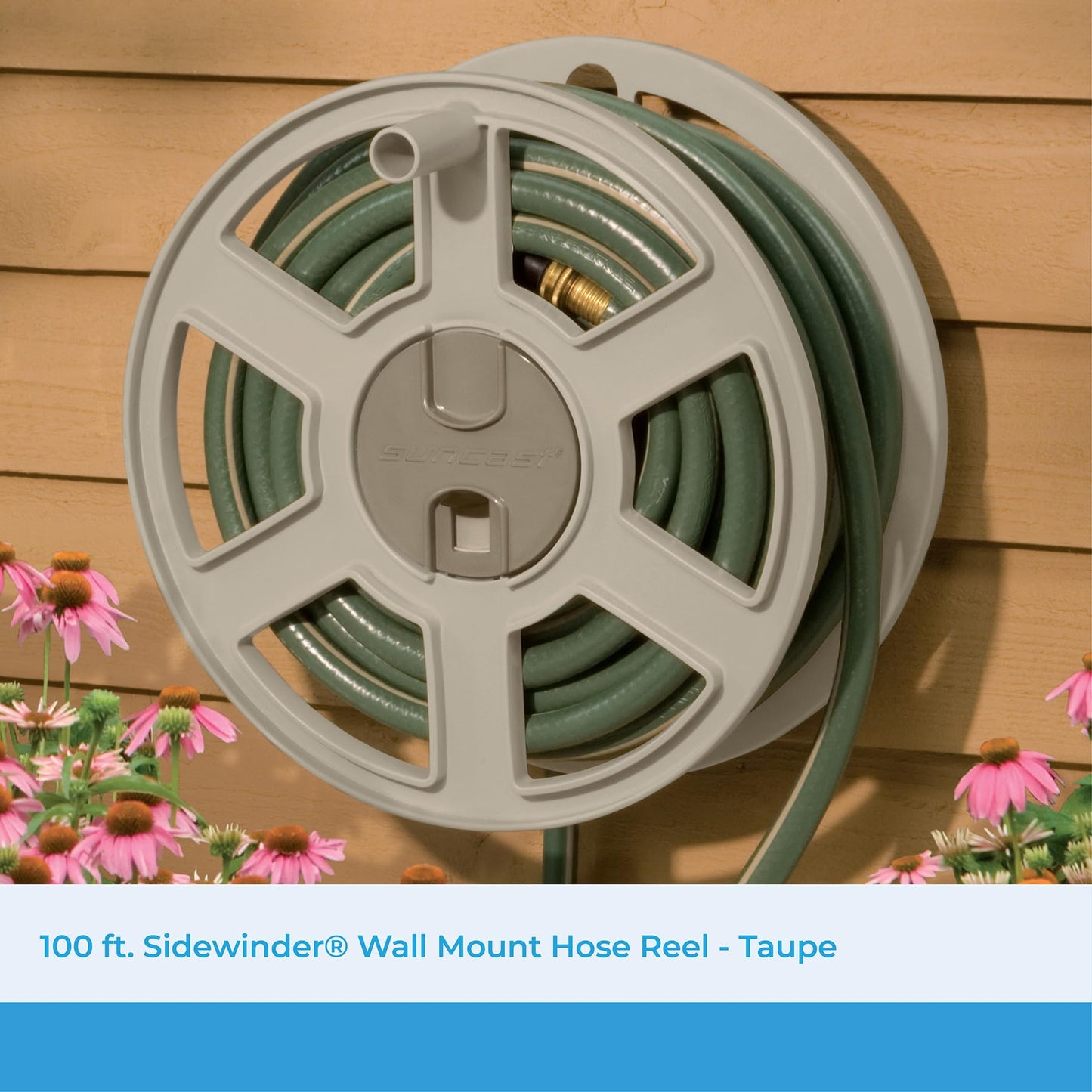 Suncast 100 Ft. Wall Mount Hose Reel Side Winder for Yard, Garden, Space-Saving Design, Easy Hose Storage, Fully Assembled, Taupe (Open Box), Made in the USA