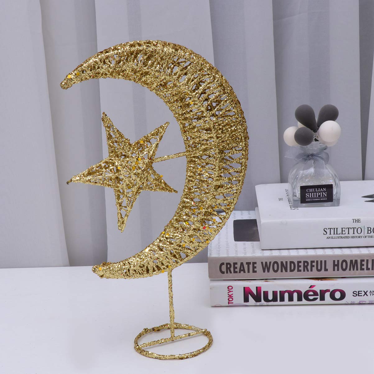 Iron Moon and Star Ornament Glitter Christmas Table Decoration Christmas Tree Decoration Wedding Birthday Holiday Party Supply 20cm (Golden)