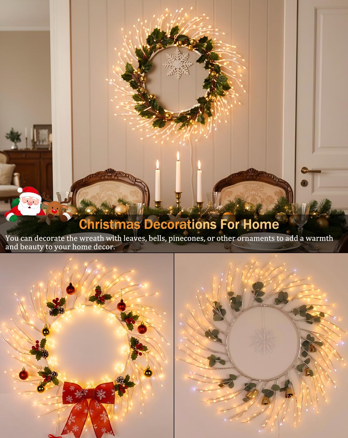 ooLALoo Christmas Window Lights Decorations, 22 Inch Christmas Wreath with 260 LED Fairy Lights, USB Operated Window Light Hanging for Holiday Wall Door Party Xmas Indoor Decor, White Twig