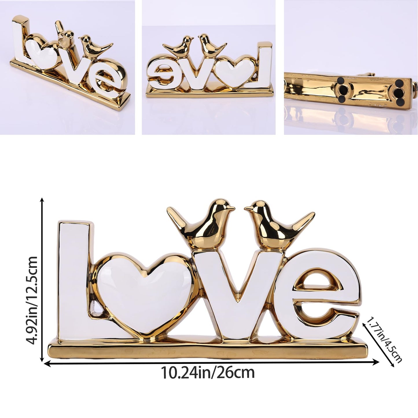 DOVDOV White and Gold Ceramic Love Sign Sculpture with Heart and Bird Statues, Modern Home Decor Accents for Living Room Coffee Table, TV Stand, Entryway and Shelf, Wedding or Housewarming Gift