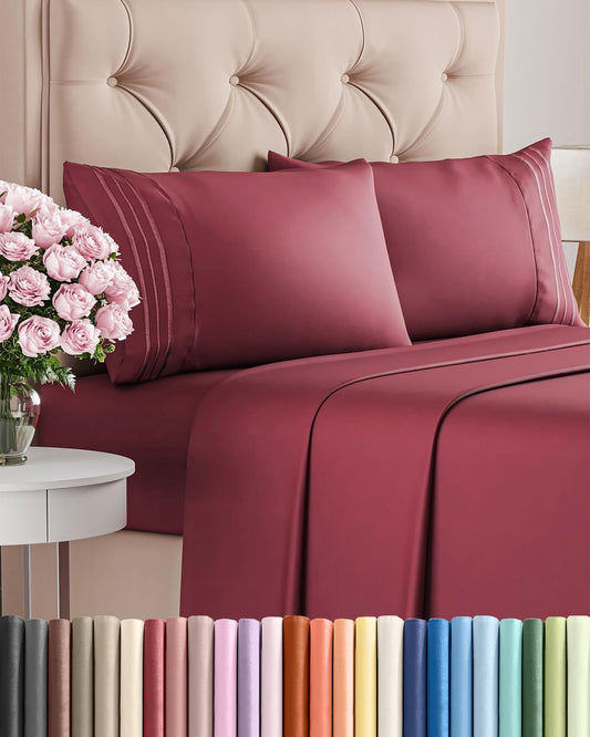 Full Size 4 Piece Sheet Set - Comfy Breathable & Cooling Sheets - Hotel Luxury Bed Sheets for Women & Men - Deep Pockets, Easy-Fit, Extra Soft & Wrinkle Free Sheets - Burgundy Oeko-Tex Bed Sheet Set