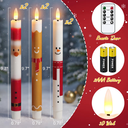 KunSwenn Christmas Flameless Taper Candles, Taper Candles Battery Operated with Remote, 6 Pcs LED Candlesticks with Santa Gingerbread Man Snowman Pattern for Christmas Holiday Decor(Waxy, 0.78”x9.7”)