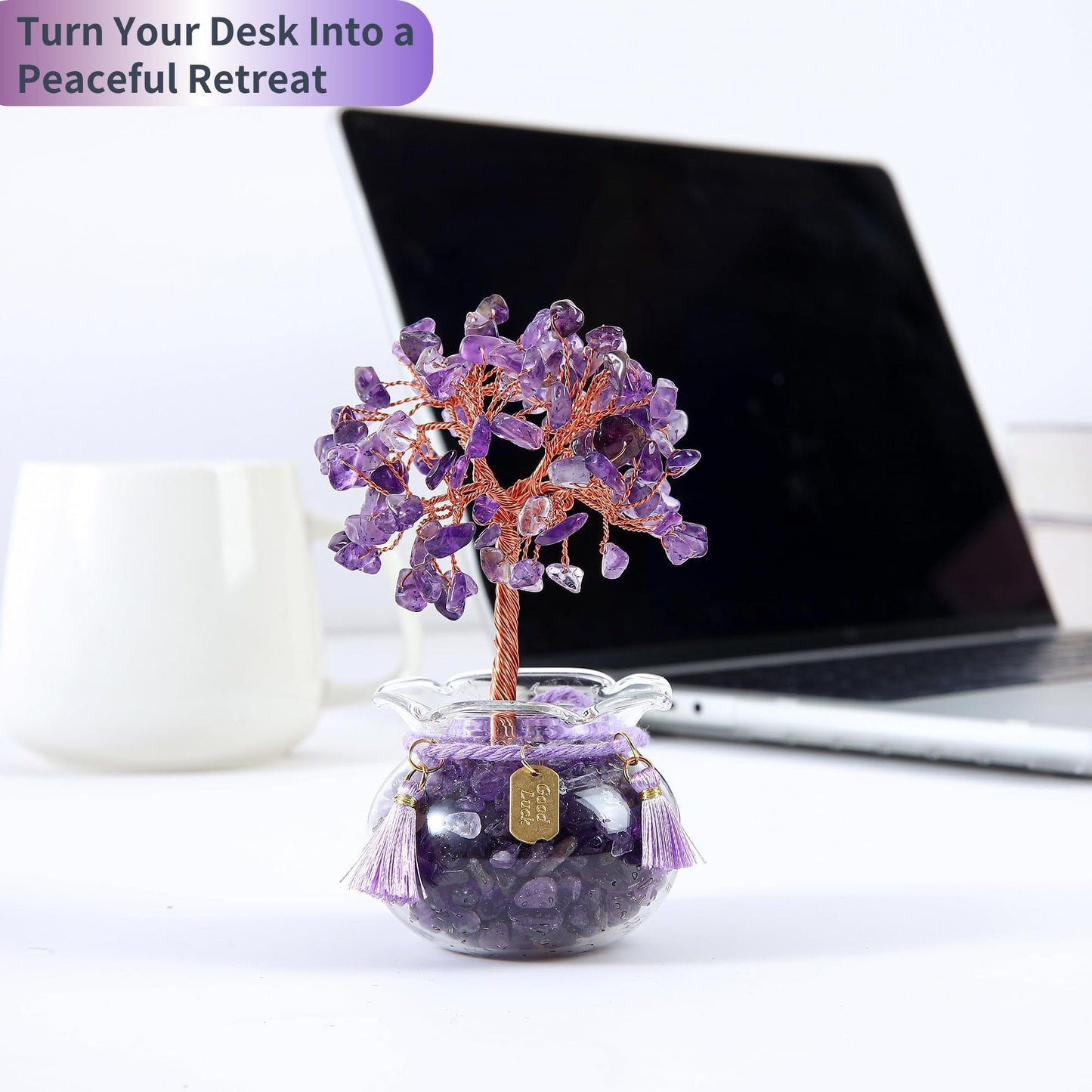 CrysDeco Premium Crystal Tree with Glass Bowl Base & Tassel Charm - 7 Chakra Healing Gemstones Tree, Desk Decor Feng Shui Spiritual Gift for Women Mom Wife Birthday Christmas, 4.3 inch (Amethyst)
