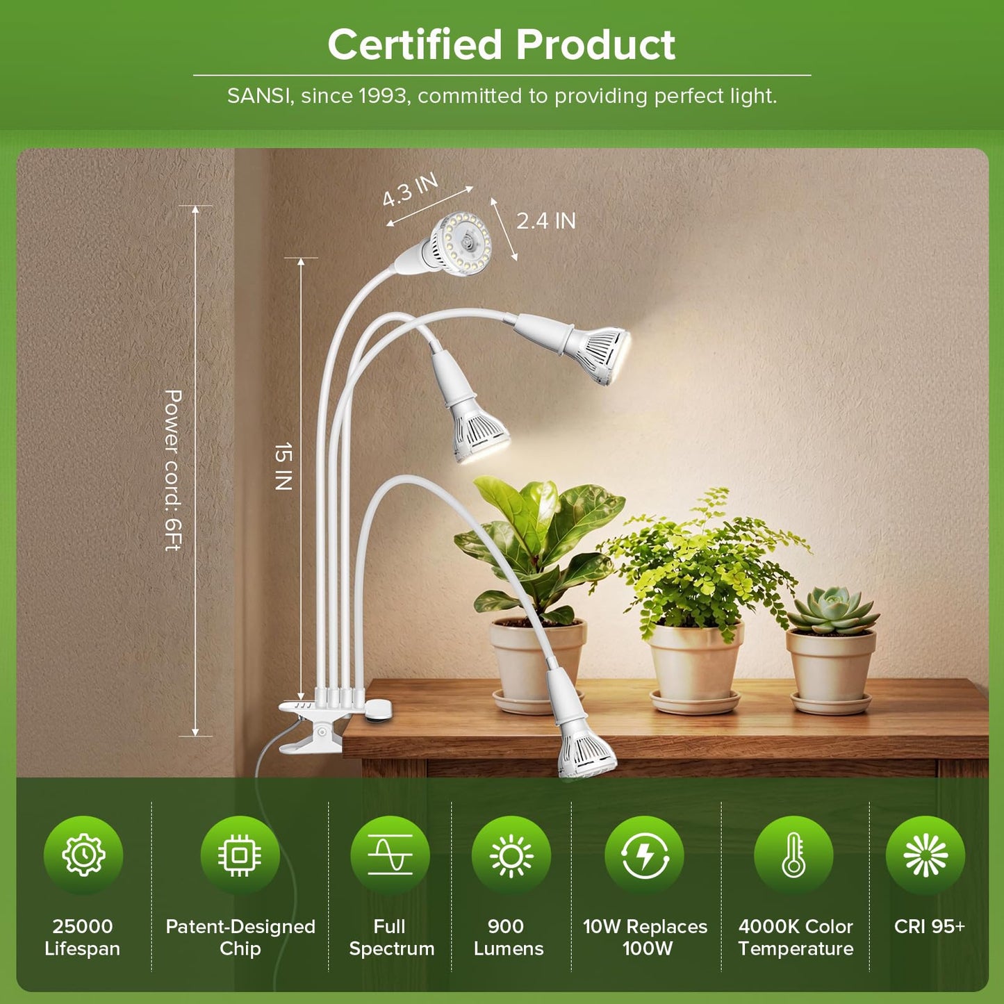 SGLEDs Grow Lights for Indoor Plants, LED 40 W Full Spectrum Bulb Replaceable Plant Light, 600 W Equivalent Clip on Grow Light with Optical Lens for Indoor Growing, Lifetime Free Bulb Replacement