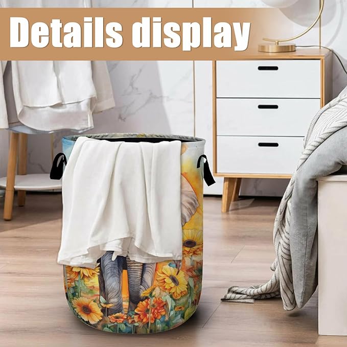 Watercolor Elephant Sunflower Laundry Basket, Foldable Wild Animals Laundry
