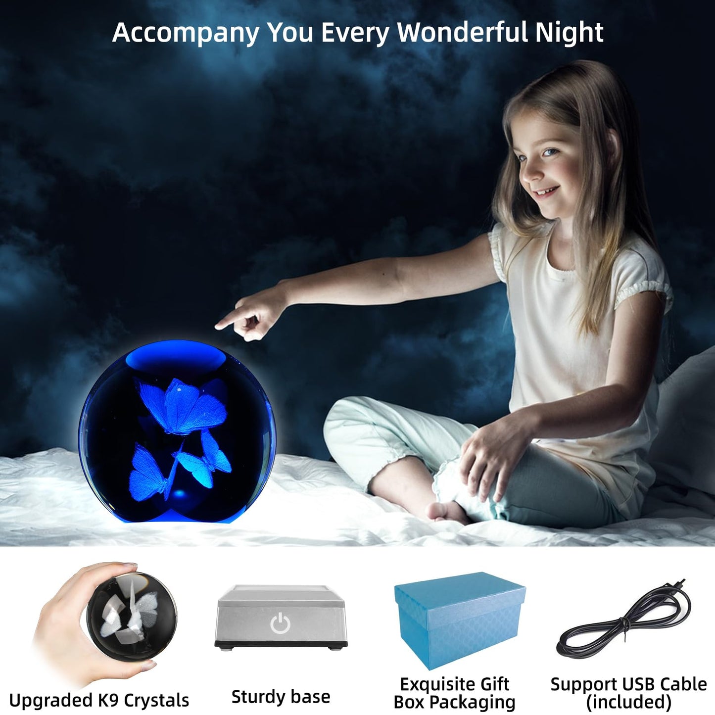 3D Crystal Ball Night Light - 3.15 Inch Butterfly Figurines Glass Ball Table Lamp with Color Changing Touch Base - Butterfly Gifts for Friends, Kids, Women - Christmas, Birthday