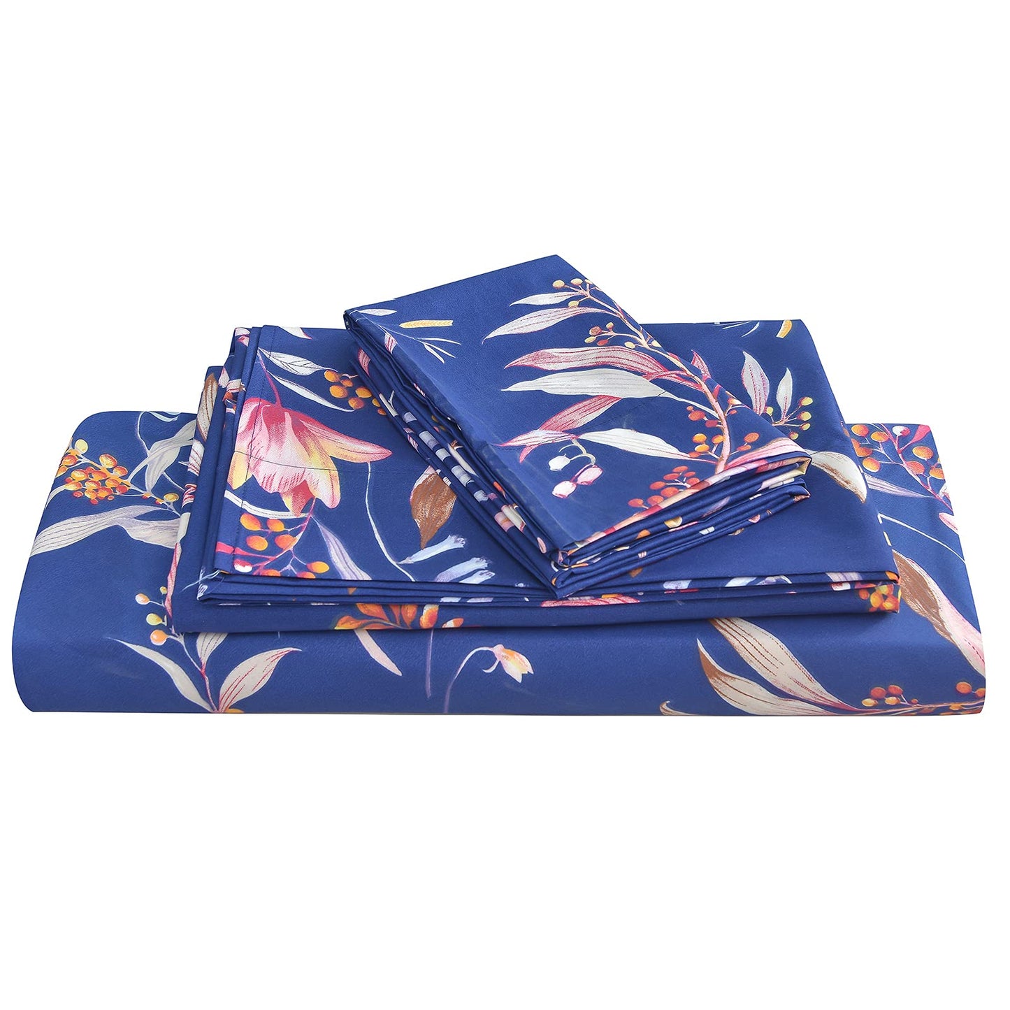 JSD Navy Floral Sheet Set Full Size, 4 Piece Printed Microfiber Sheets Extra Deep Pocket Wrinkle Free