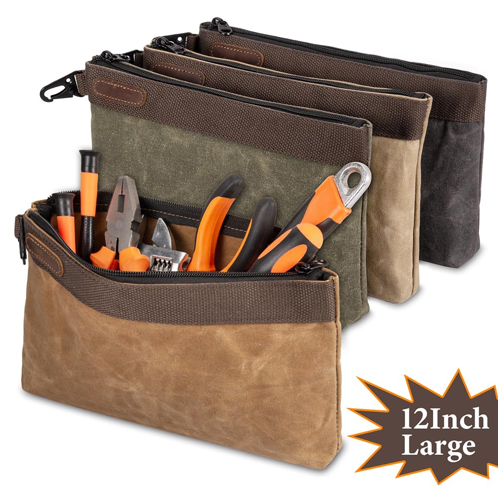 Hamks Waxed Canvas Tool Pouches 4 Pack – 11-Inch Heavy-Duty Zipper Tool Bags Set, Waterproof Utility Storage Pouches for Tools, Cables, Gear & Supplies – Rugged Tool Organizer Bags