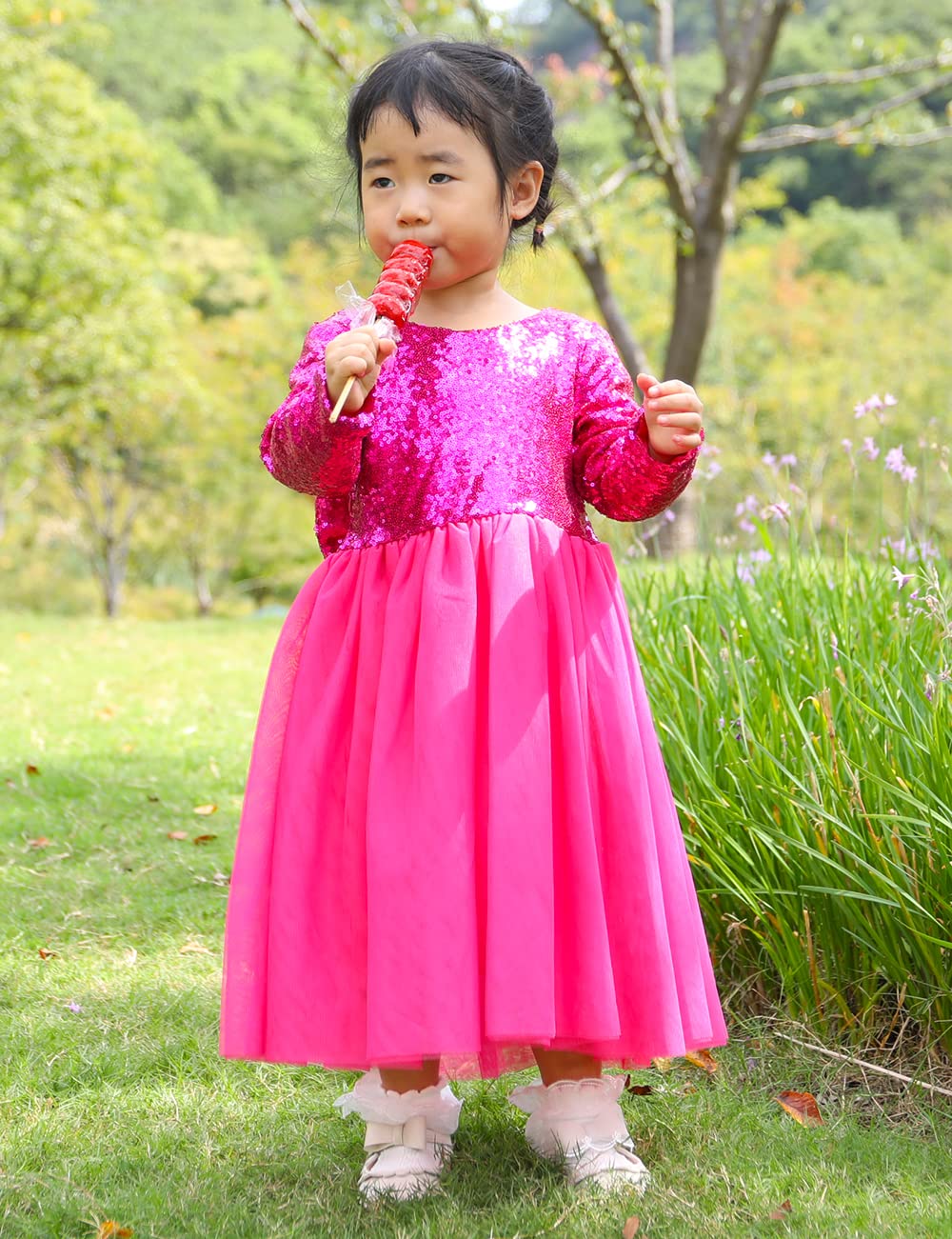 Cilucu Flower Girl Sequin Baby Toddler Long Sleeve Dress Tutu Kids Party Birthday Christmas New Year Dress Hot Pink 2T-3T