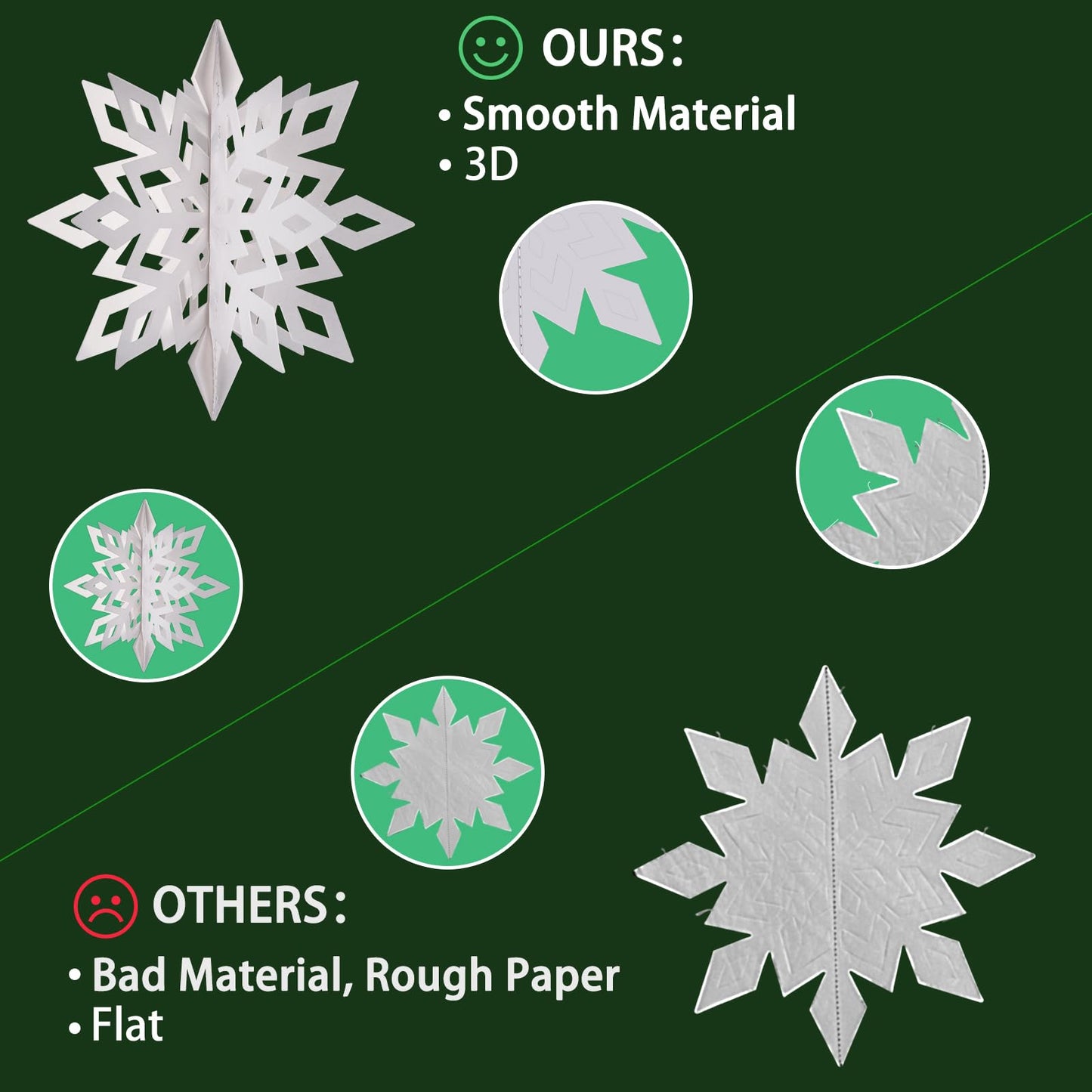24pcs 3D Snowflake Ornaments - 3 Sizes, Frozen Christmas & Baby Shower Decorations, White & Silvery