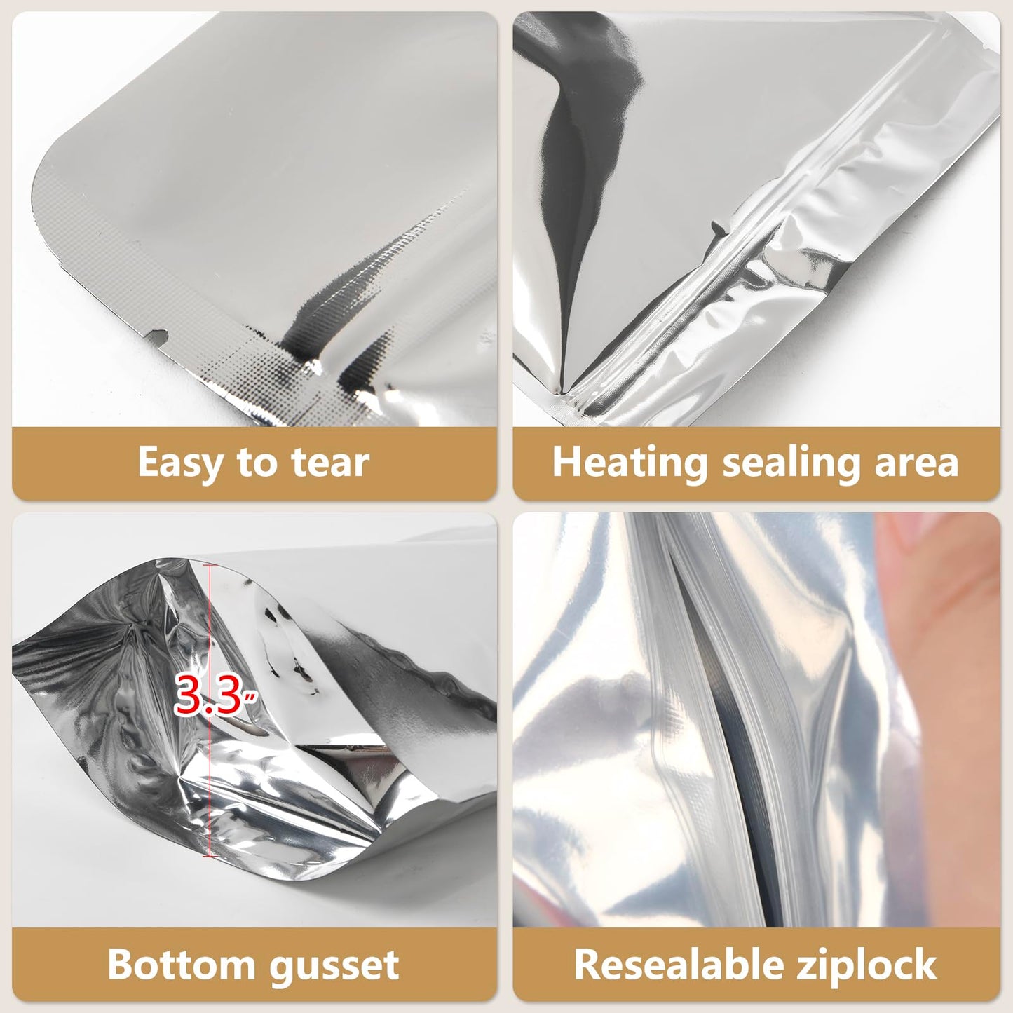 100 Pack 5.5 x 10 Inch Stand Up Pouch Bags Zipper Mylar Bags Clear Front with Aluminum Foil Back Reusable Food Storage Bag for Multipurpose with Gusset Bottom(5.5mil Thickness)