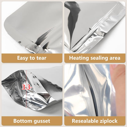 100 Pack 5.5 x 10 Inch Stand Up Pouch Bags Zipper Mylar Bags Clear Front with Aluminum Foil Back Reusable Food Storage Bag for Multipurpose with Gusset Bottom(5.5mil Thickness)