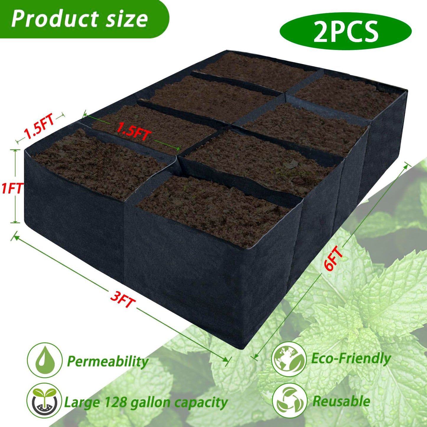 HzNzYHD 2PCS 6x3x1ft Fabric Raised Garden Bed,128 Gallon 8 Grids Rectangle Plant Grow Bags,Durable Outdoor Planter Raised Beds Pot for Growing Herbs Flowers Vegetables Potatoes Carrots