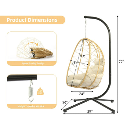 LEX CRAFT Egg Chair with Stand, Swing Chair Hanging Chair Nest Basket, UV Resistant Removable & Washable Cushions,350LBS Capacity for Bedroom, Balcony, Garden（YE-BE