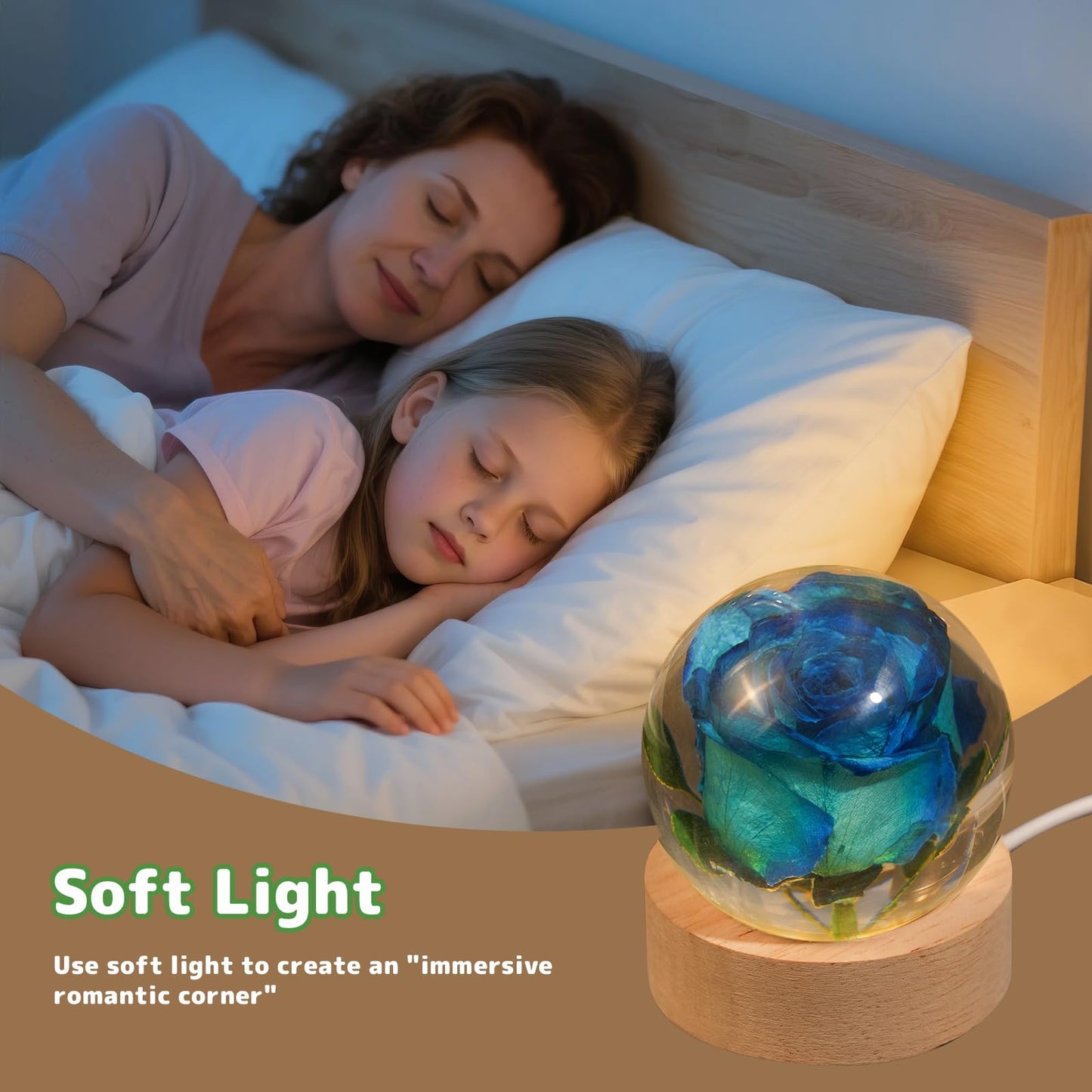QNCMBUG Blue Rose Crystal Ball Night Light - Real Rose Encased in Glowing Resin Ball, USB-Powered Desk Lamp with Wood Base, Unique Gift for Valentine's Day, Mother's Day & Home Decor