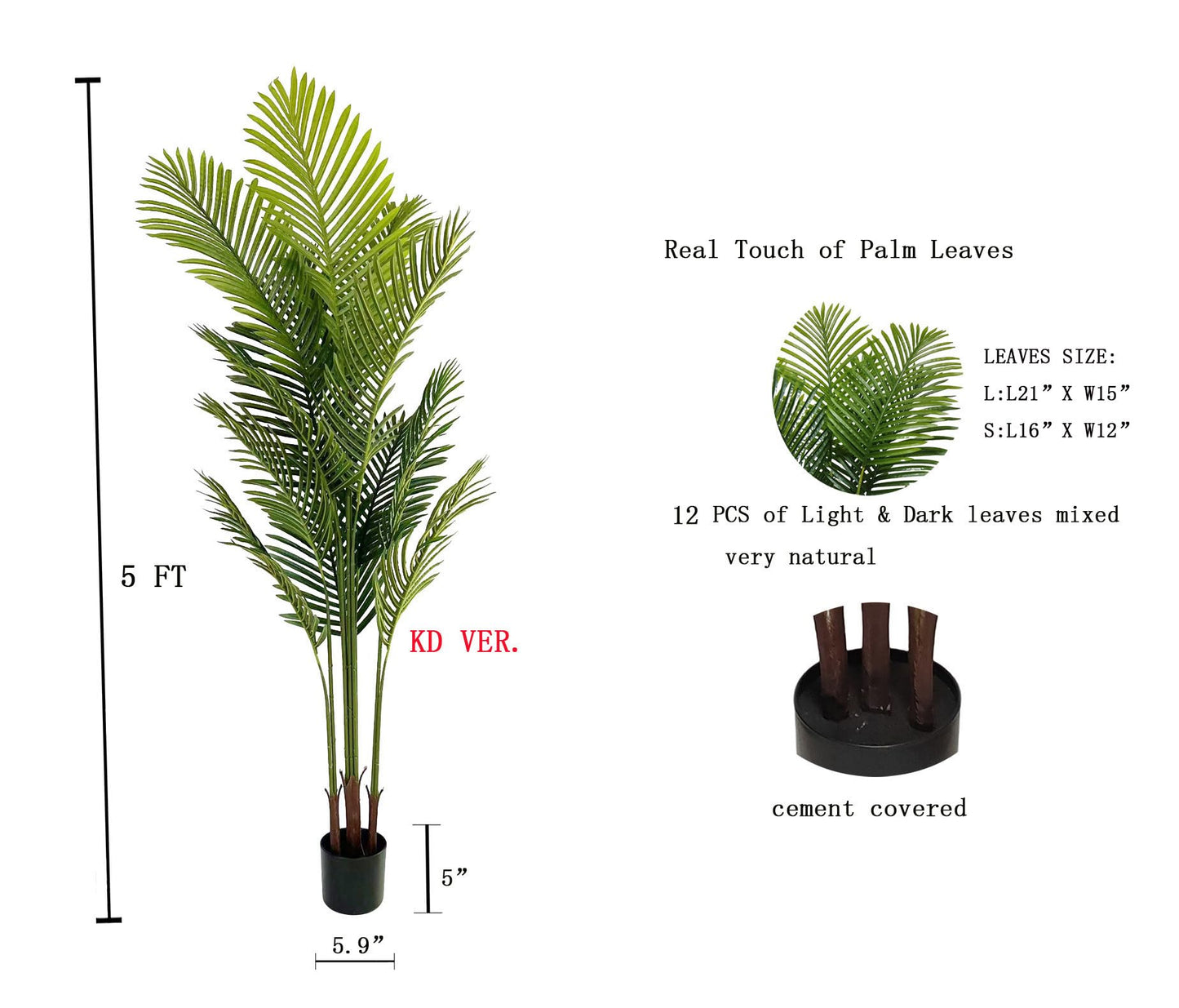 Kiko Artificial Palm Tree -5 Ft Tall Fake Floor Plant Greenery Potted Plants for Office,Gymnasium Room, Living Room, Dinner Room, Shopping mall,Artificial Plant for Indoors and Outdoors