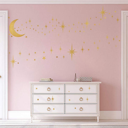 Retro Starburst Wall Decals Stars Wall Stickers Atomic Star Vinyl Decal Golden Star Moon Decals Celestial Decor Bedroom Nursery Walls Sticker Peel and Stick Sparkle Moon Art Mural Decal