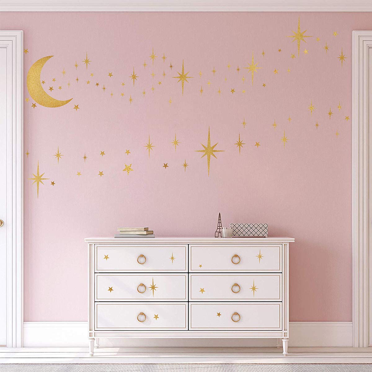 Retro Starburst Wall Decals Stars Wall Stickers Atomic Star Vinyl Decal Golden Star Moon Decals Celestial Decor Bedroom Nursery Walls Sticker Peel and Stick Sparkle Moon Art Mural Decal