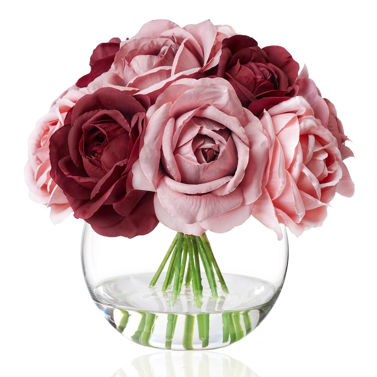 WELL KNOWN Silk Rose Artificial Flowers with Vase, Artificial Rose Flower Arrangement in Round Glass Vase with Faux Water for Home Dining Table Wedding Birthday Party Decor (Burgundy Red & Dusty Rose)