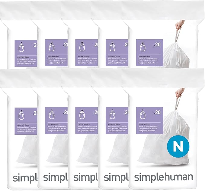 simplehuman Code N 200 Count, Dispenser Pack Custom Fit Liners, Drawstring