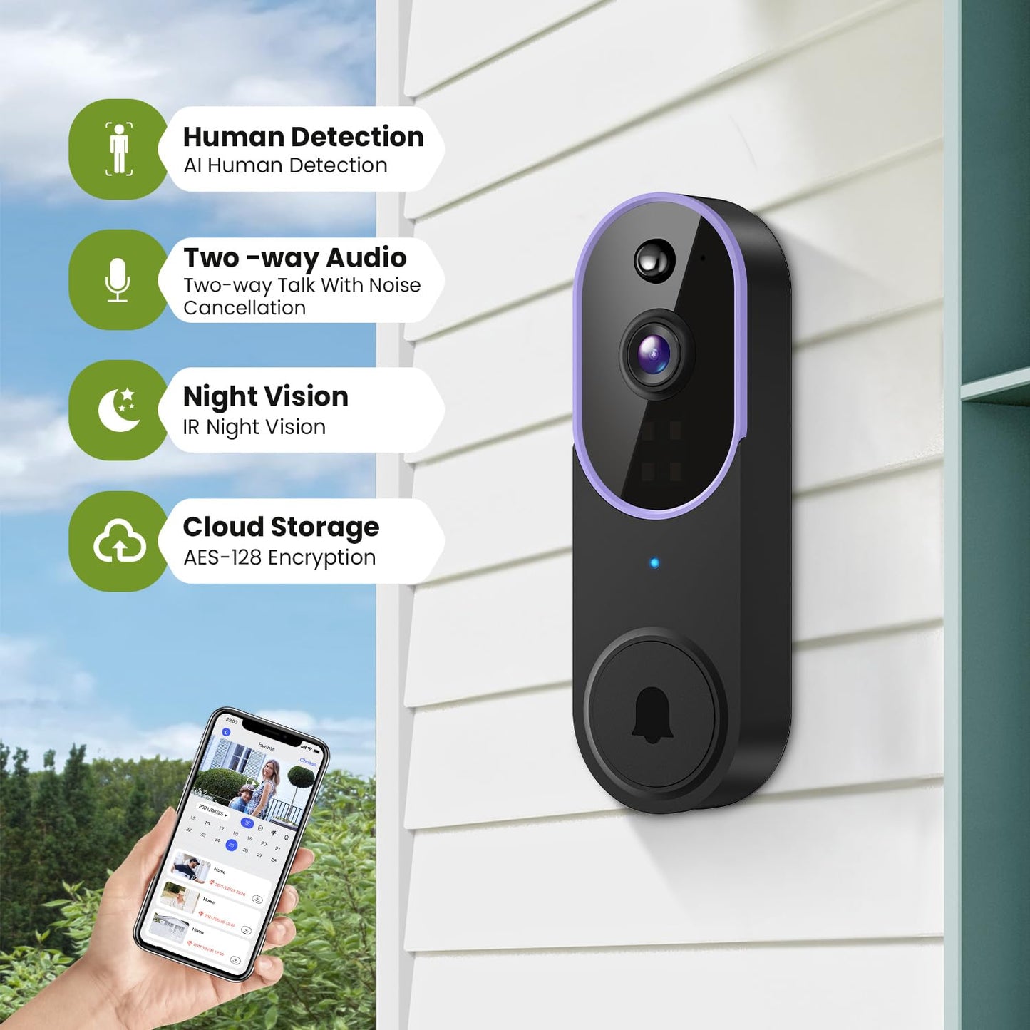 1080P Wireless Video Doorbell Camera, Smart Outdoor Surveillance Cam, FHD Live View, Cloud Storage, AI Human Detection, Instant Alert, Night Vision, Two Way Audio, 2.4G WiFi Only (Purple)