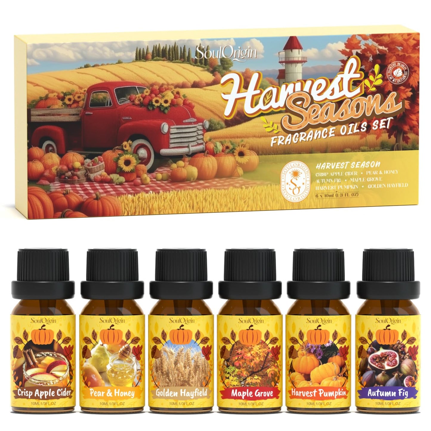 Soulorigin Harvest Fragrance Oils Set, Essential Oil for Diffuser, Fall Diffuser Oil, Use for Soap Candle Making-Crisp Apple cider, Pear&Honey, Golden Hayfield, Maple Grove, Harvest Pumpkin,Autumn Fig