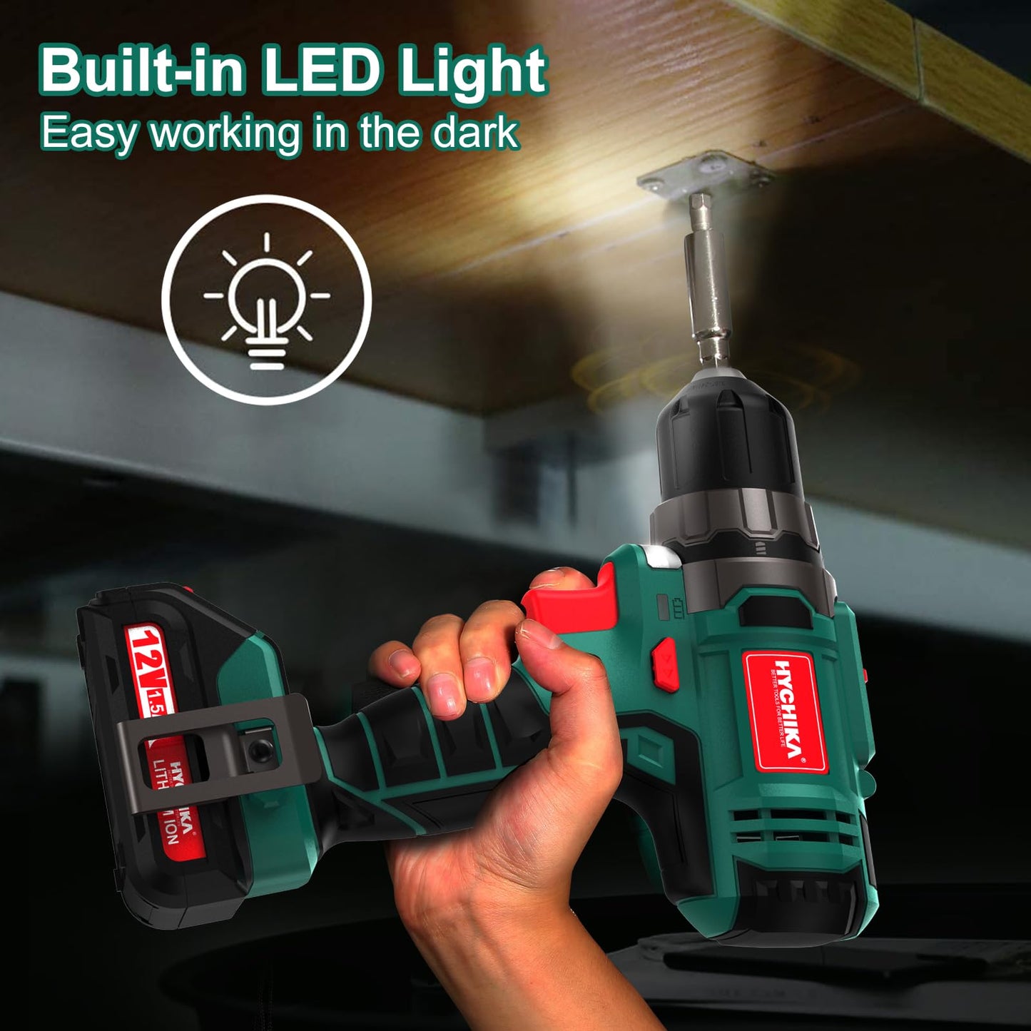HYCHIKA Cordless Drill Driver 12V, Electric Screwdriver 30N·m, 21+1 Torque Electric Drill, 2-Variable Speed LED Work Light, 1500mAh Li-Ion Battery 25Pcs Accessories for Home and Garden DIY Project