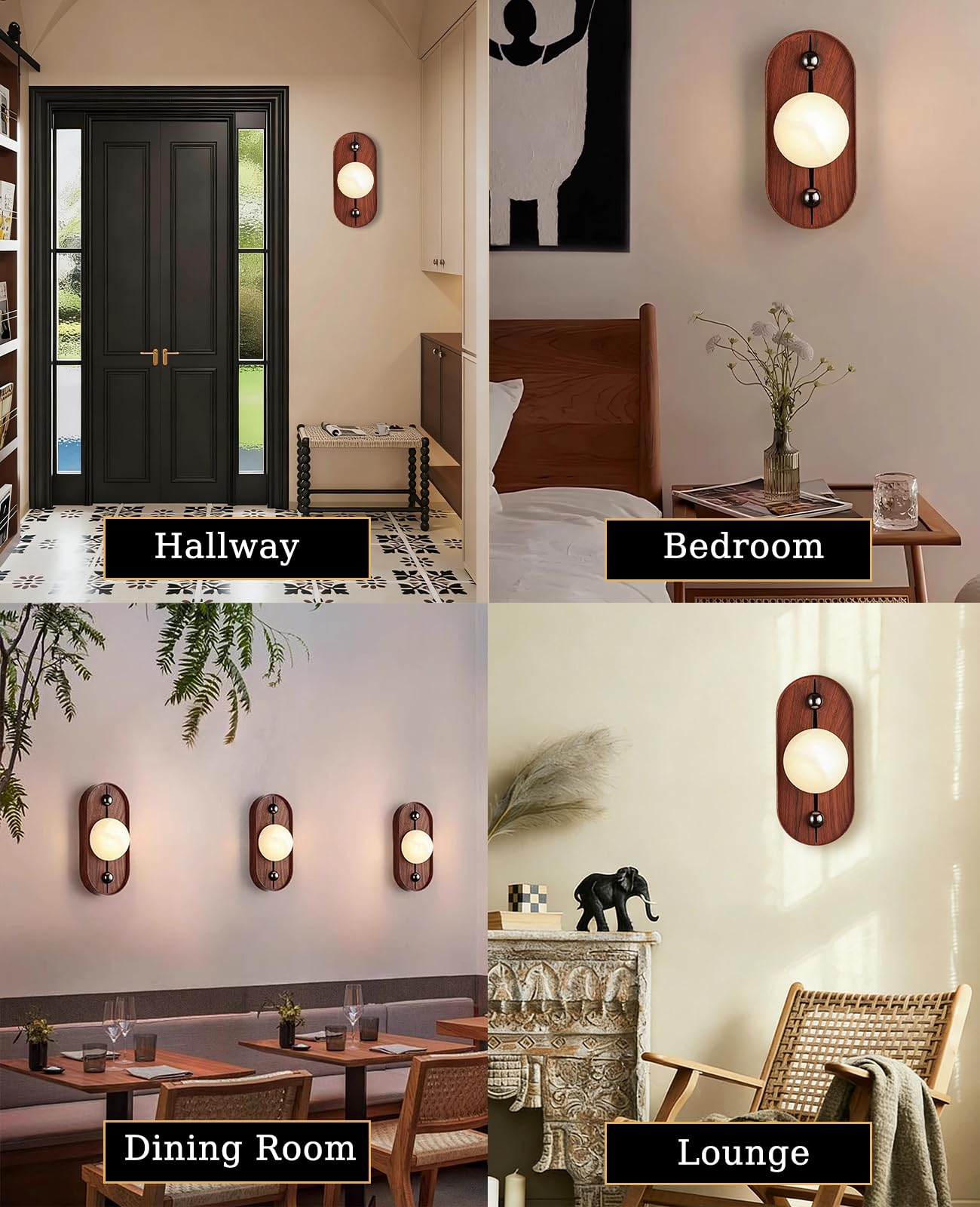 ALABABATA Natural Marble Wall Sconce, 10.5" High Alabaster Wall Sconces with White Stone Lampshade and Wood Grain Metal Base, Mid Century Modern Wall Lights Fixture for Bedroom Living Room Hallway