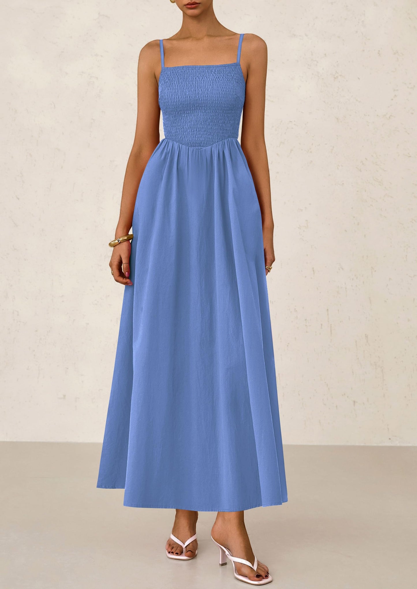 PRETTYGARDEN Women's Smocked Maxi Dresses 2025 Summer Beach Sundress Casual Spaghetti Strap Swing A Line Long Flowy Dress (Blue,Small)