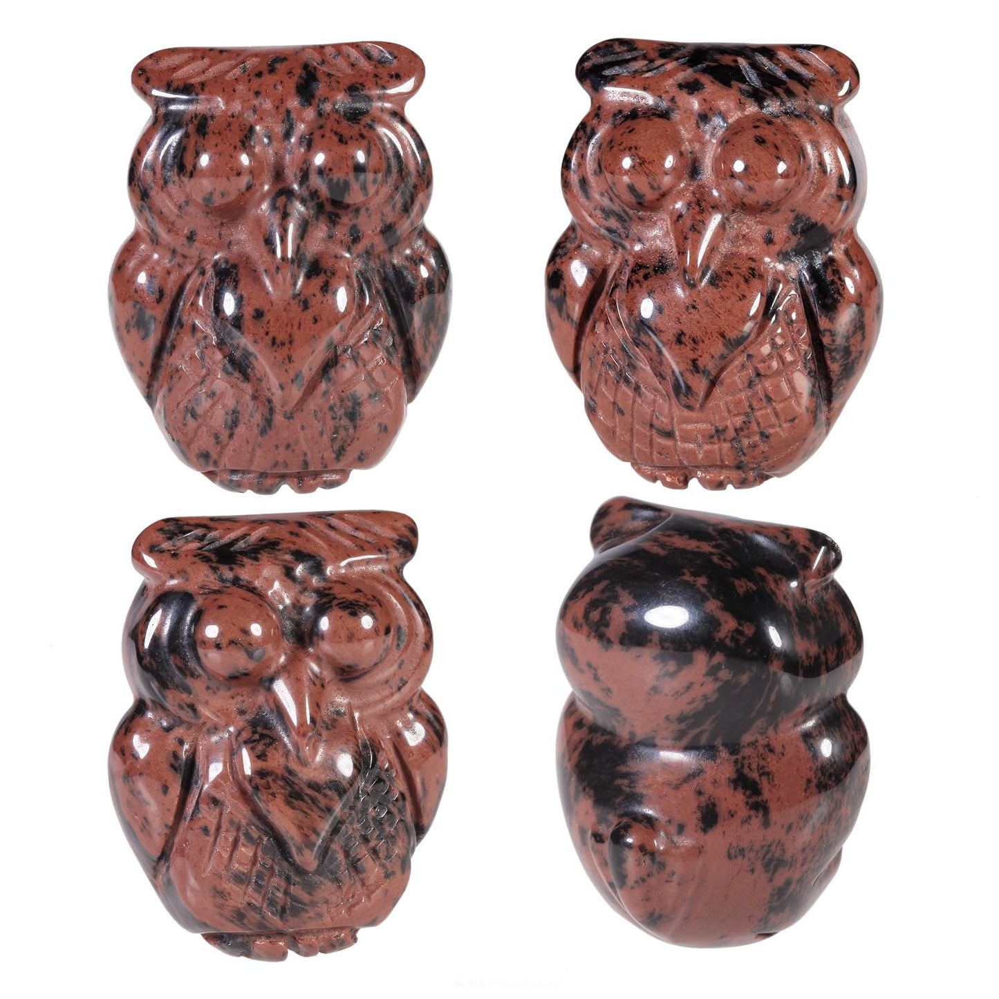 mookaitedecor 4 pcs Mahogany Obsidian Crystal Owl Statue, Hand Carved Night Owl Figurine Pocket Stone Sculpture for Home Office Decor Tabletop Display