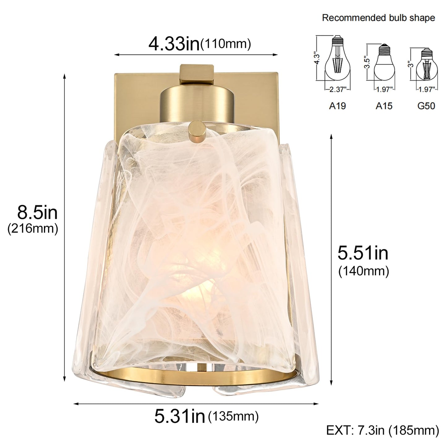 DAYCENT Small Modern Gold Wall Sconce with Glass Shade 1-Light Hardwired Brass Sconces Lighting Bell-Shaped Wall Light Fixtures for Bedroom Hallway Bathroom, E26 Base