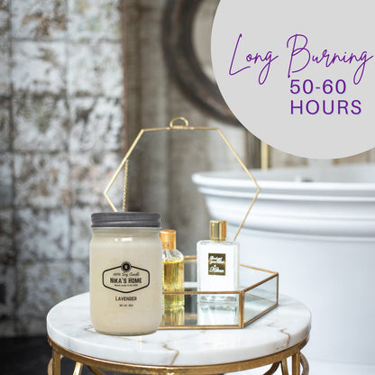 Nika's Home Lavender Soy Candle - 12oz Mason Jar - Non-Toxic - Hand Poured in The USA, Long Burning 50-60 Hours Highly Scented All Natural, Clean Burning