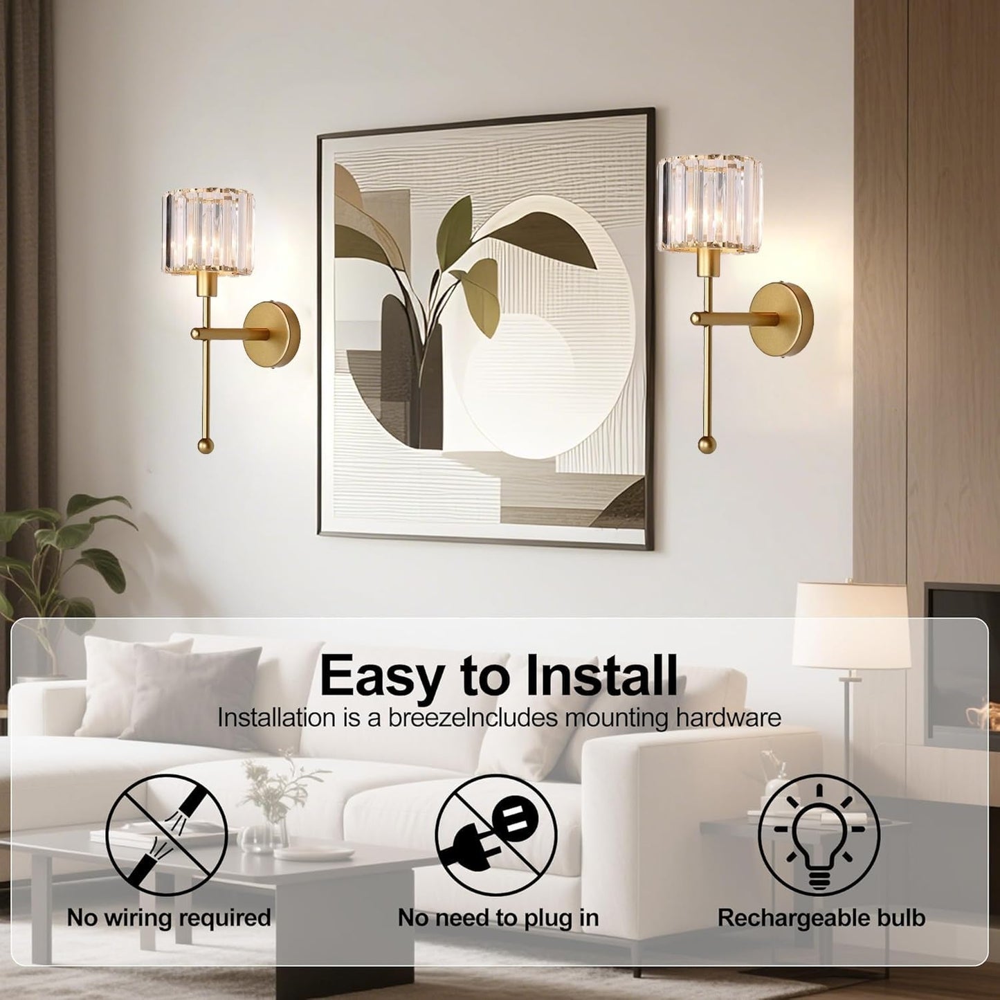 SADOVC Modern Glass Crystal Wall Sconces Battery Operated Set of 2, Gold Rechargeable Wall Lights with Remote,Non Hardwired Clear Wall Lighting Fixture Brass for Bedroom Bathroom Living Room Porch
